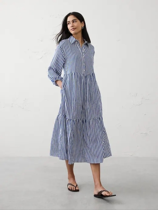 Banana Republic Factory Dresses & Skirts - NWT Navy W/Creme Stripe Tiered Midi Shirtdress Size XXS Banana Republic Factory